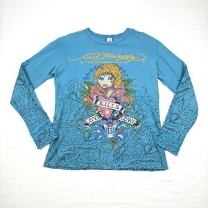 Vintage Ed Hardy Love Kills Slowly Thermal Long Sleeve Tee Y2K Blue Made in USA